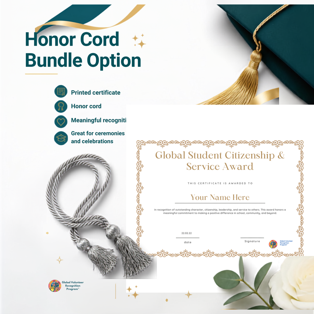 A spiral-bound notebook or booklet shown on a white background, with printed text reading 'Honor Cord Bundle Option' and a bulleted list describing a printed certificate, honor cord, meaningful recognition keepsake, and suitability for ceremonies and celebrations.