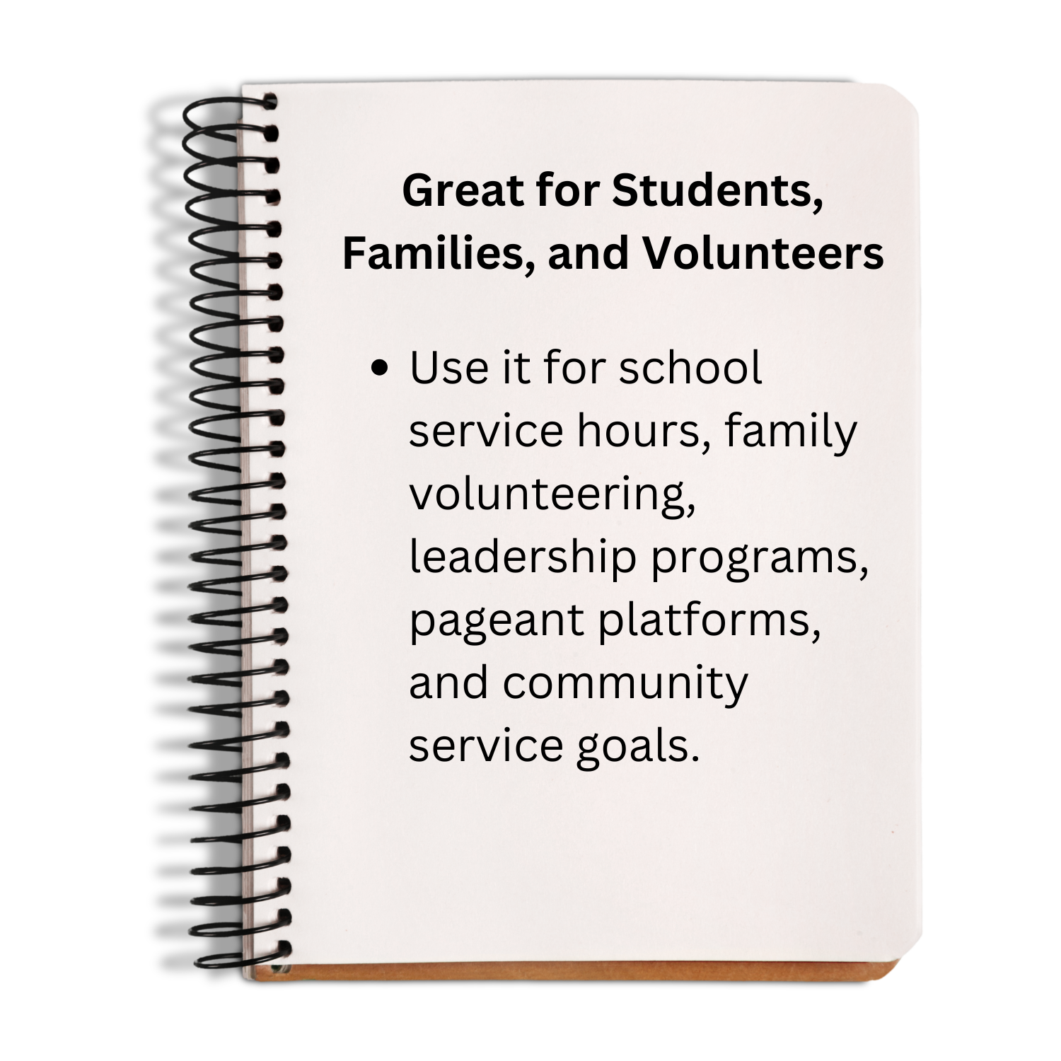 Volunteer tracking app for students, families, leadership programs, pageant platforms, and community service goals.