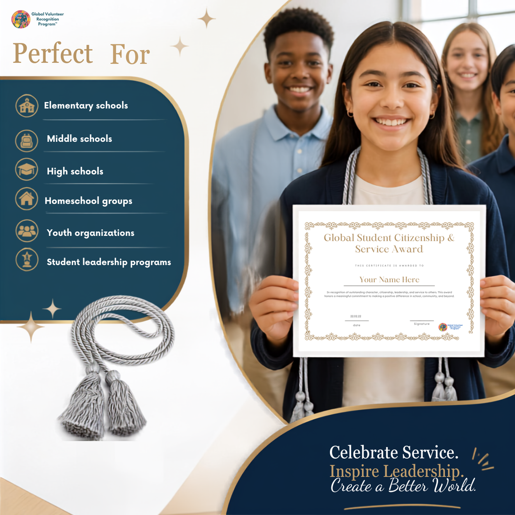 A spiral-bound notebook shown at an angle on a white background, with the cover printed with the heading 'Perfect For' and a bulleted list including Elementary schools, Middle schools, High schools, Homeschool groups, Youth organizations, and Student leadership programs.