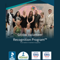 Promotional graphic for the Global Volunteer Recognition Program, featuring a group photo of volunteers and donors with text overlays and BBB, 4Good, and SBA logos at the bottom on a dark teal background.