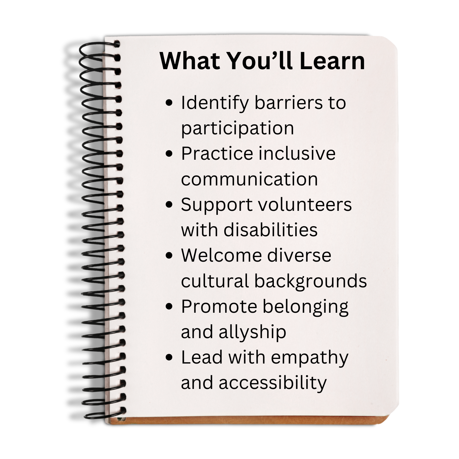 Notebook with a list of learning objectives on a white background