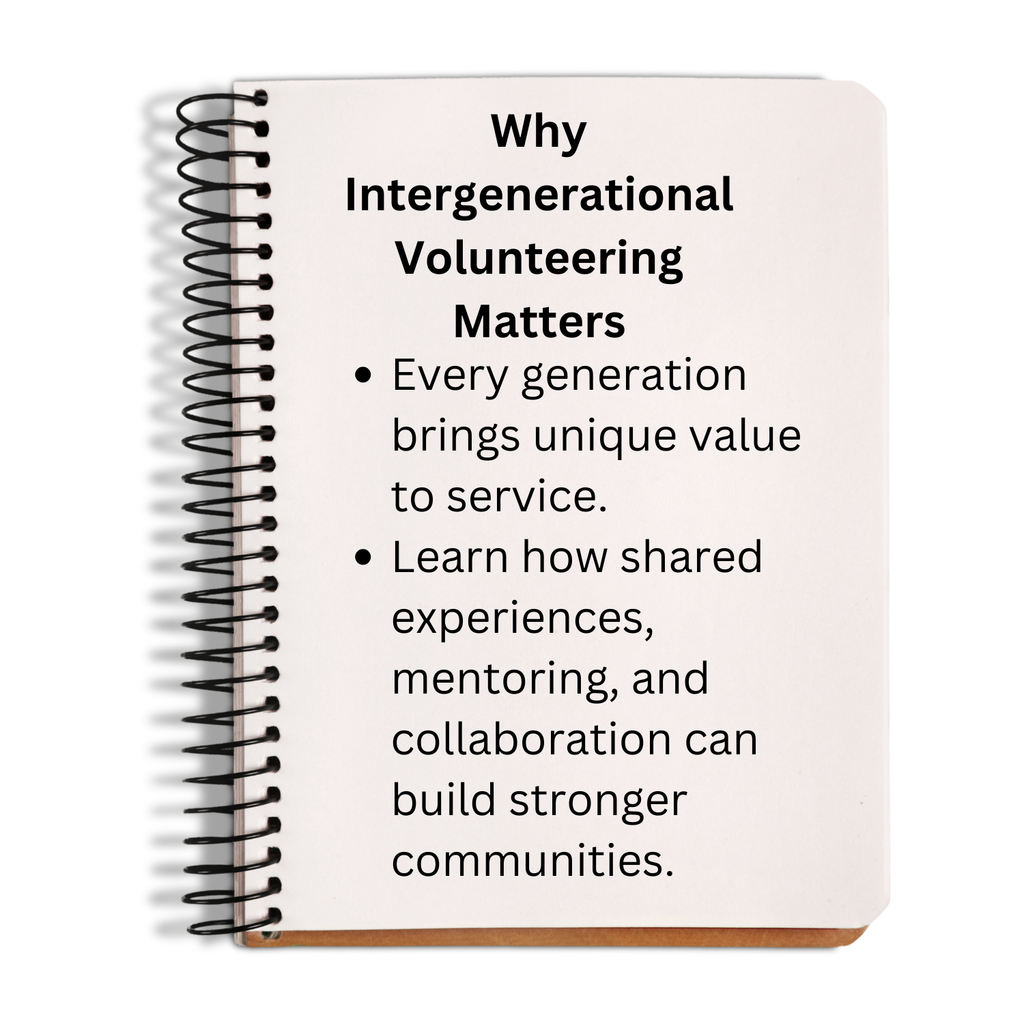 Notebook with text about intergenerational volunteering on a white background