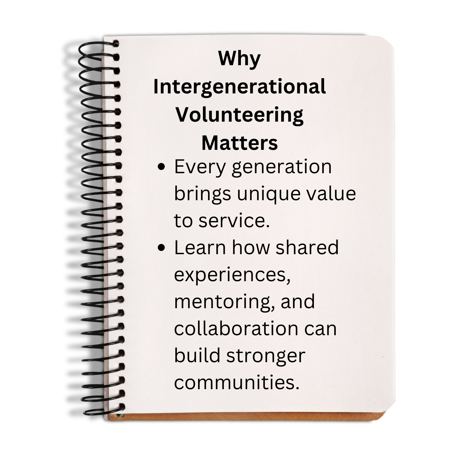 Notebook with text about intergenerational volunteering on a white background