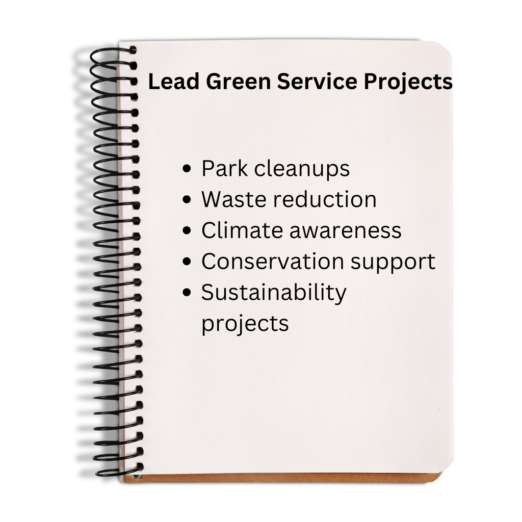 Notebook with 'Lead Green Service Projects' list on a white background