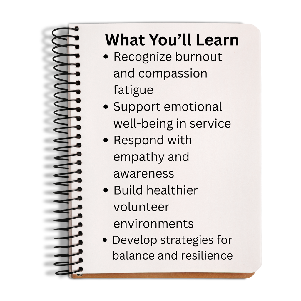 Notebook with text on burnout, compassion fatigue, and volunteer well-being on a white background