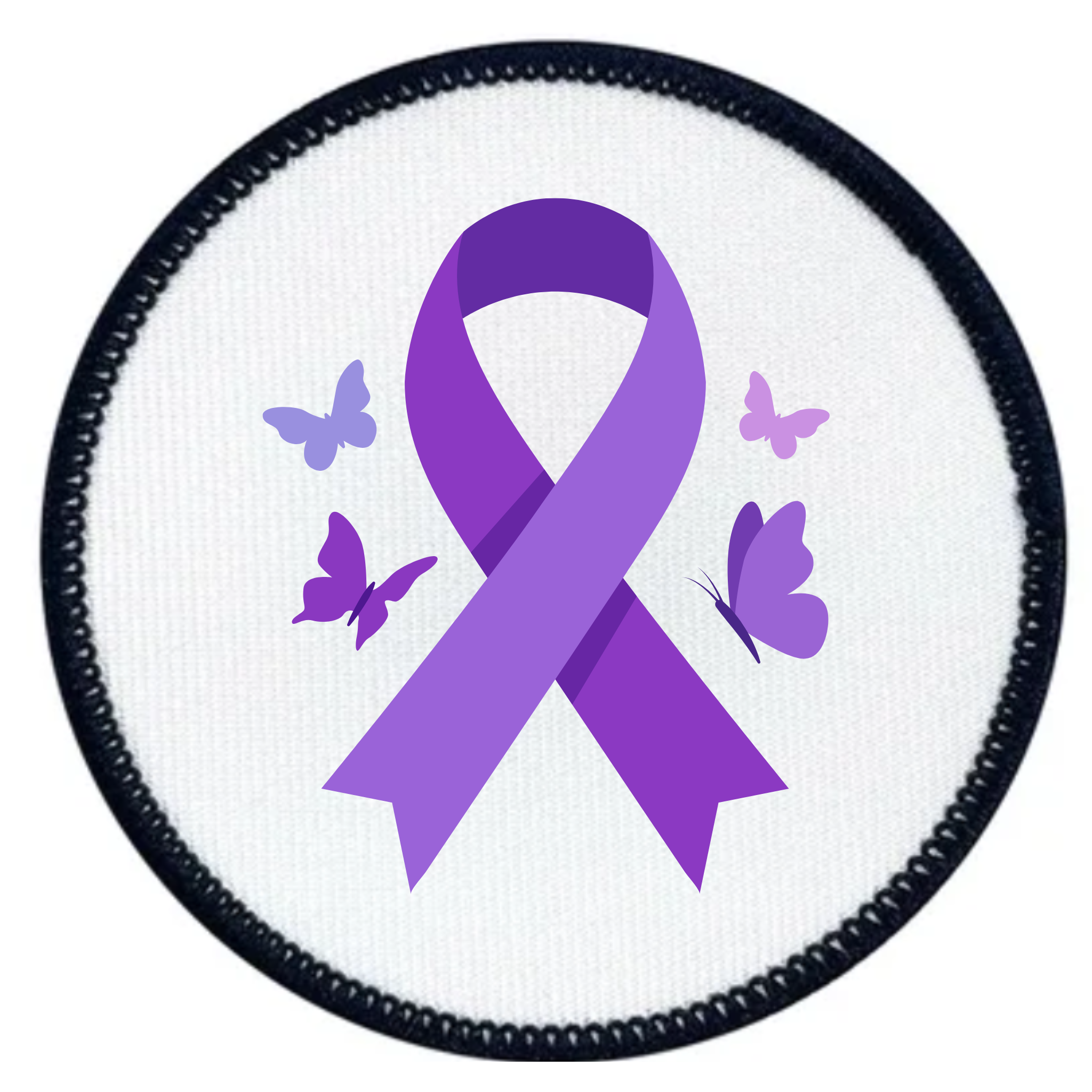 A circular embroidered patch featuring a purple awareness ribbon in the center, surrounded by four small butterflies in shades of purple and lavender on a white background, with a black stitched border.