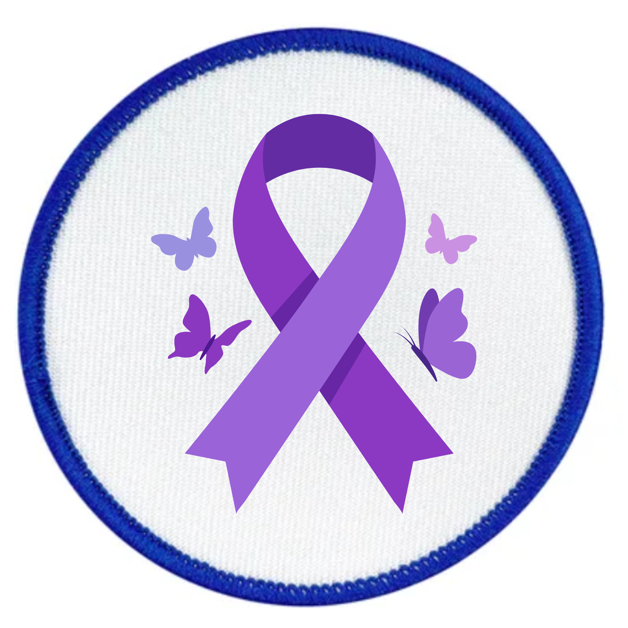 A circular embroidered patch featuring a purple awareness ribbon in the center, surrounded by four small butterflies in shades of purple and lavender, all on a white background with a blue stitched border.