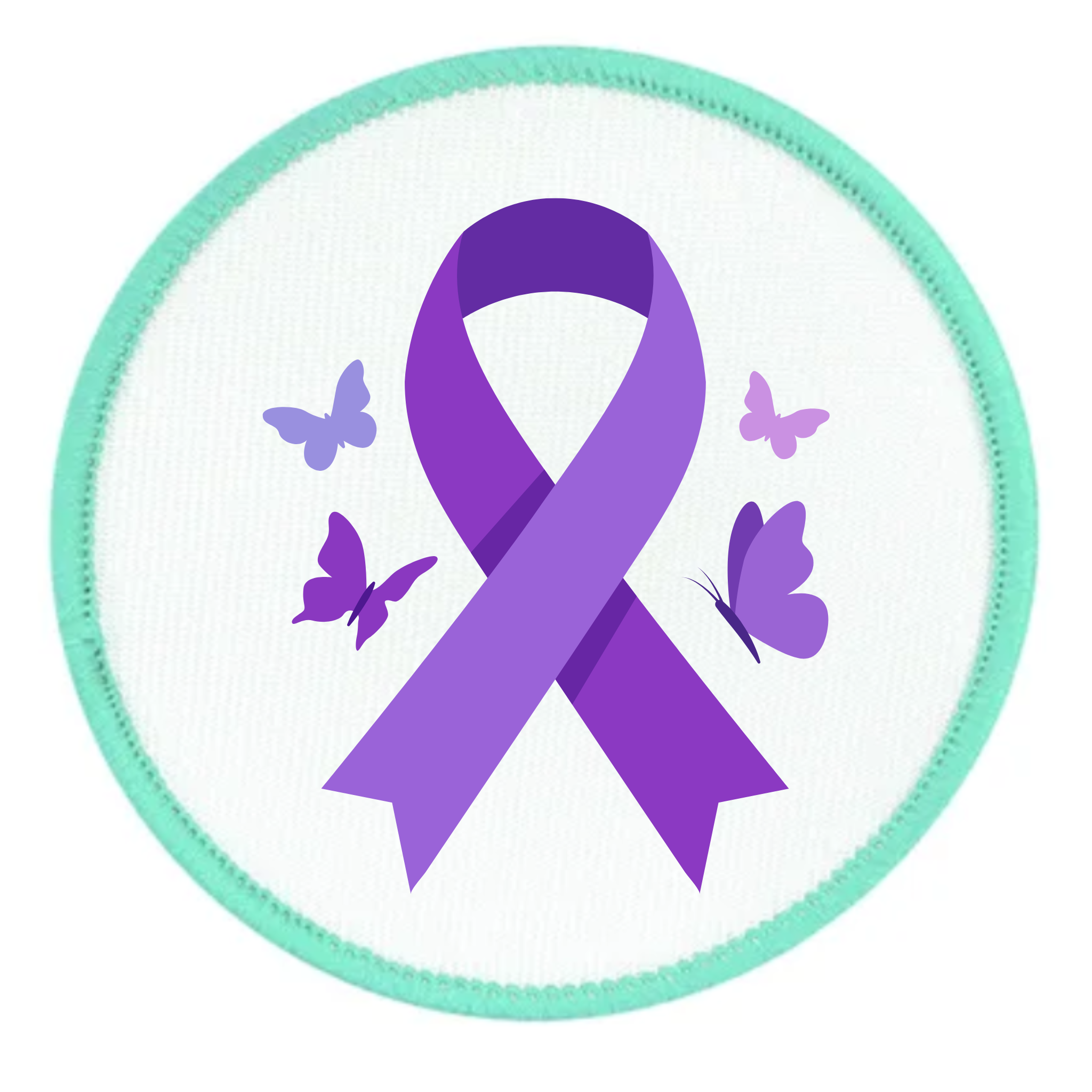 A circular embroidered patch featuring a purple awareness ribbon in the center, surrounded by three purple butterflies on a white background with a mint green stitched border.