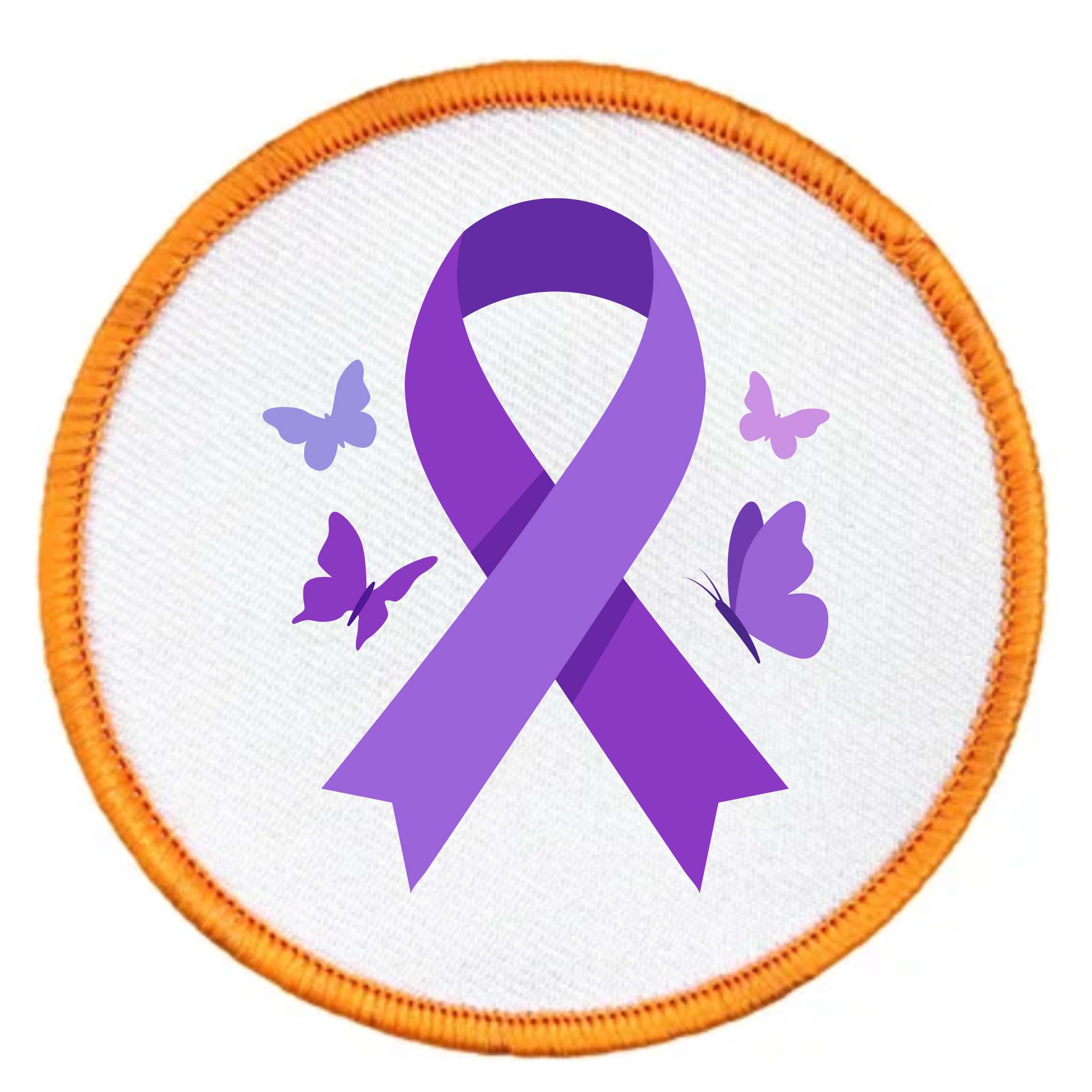 A circular embroidered patch featuring a purple awareness ribbon in the center, surrounded by four small butterflies in shades of purple and lavender, all on a white textured background with an orange stitched border.