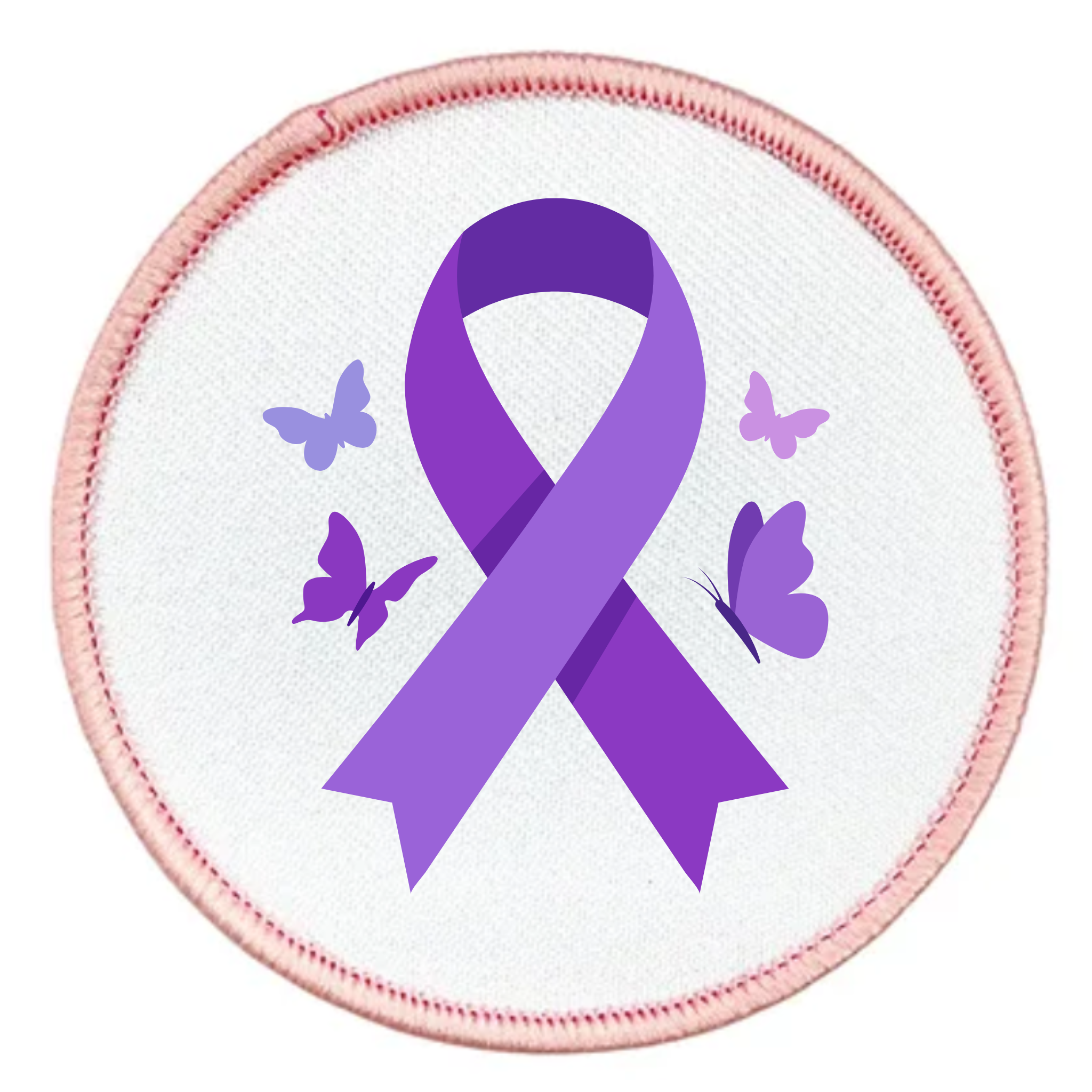 A circular embroidered patch featuring a purple awareness ribbon in the center, surrounded by three purple butterflies on a white fabric background with a pink stitched border.