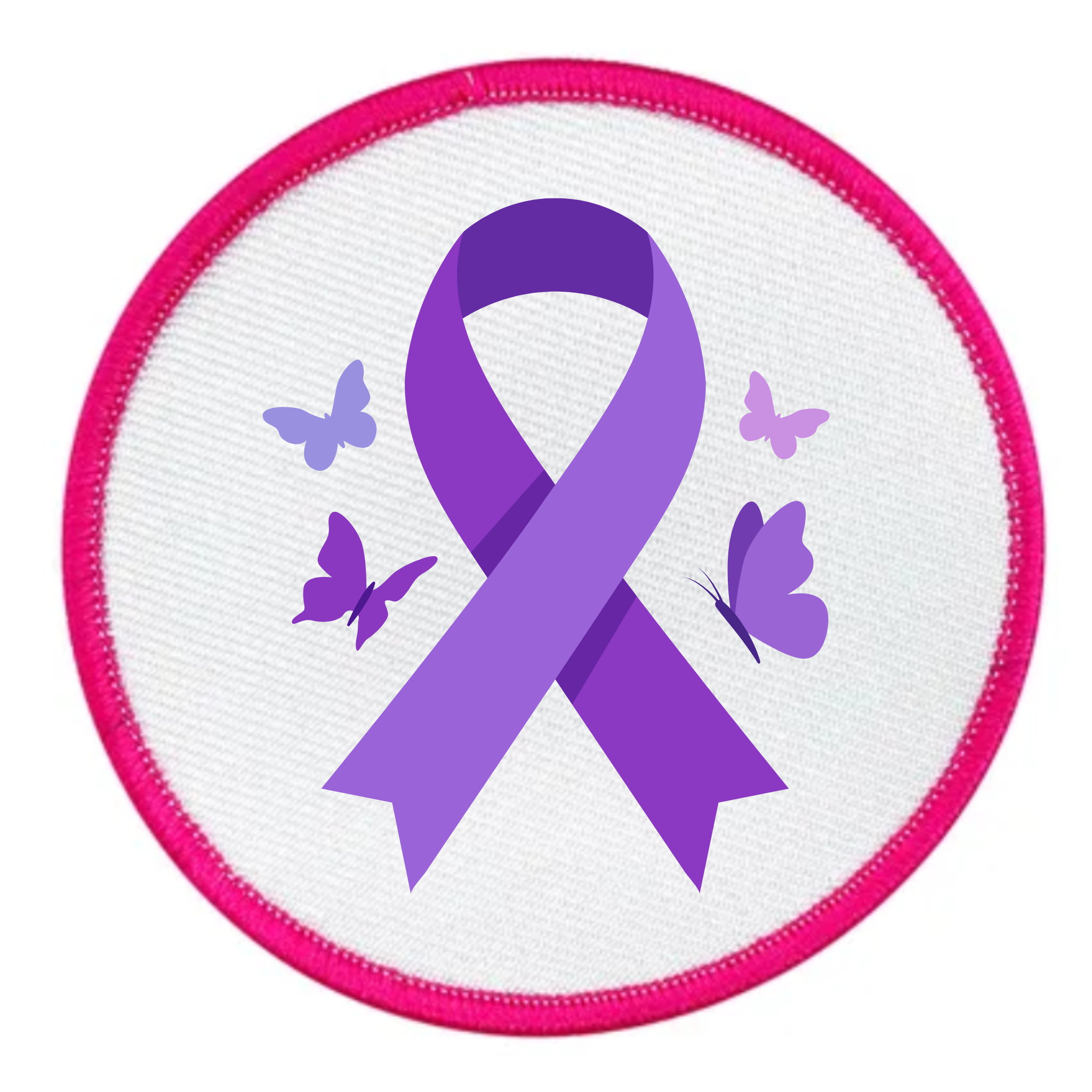 A circular embroidered patch featuring a purple awareness ribbon in the center, surrounded by four purple butterflies on a white background with a bright pink stitched border.