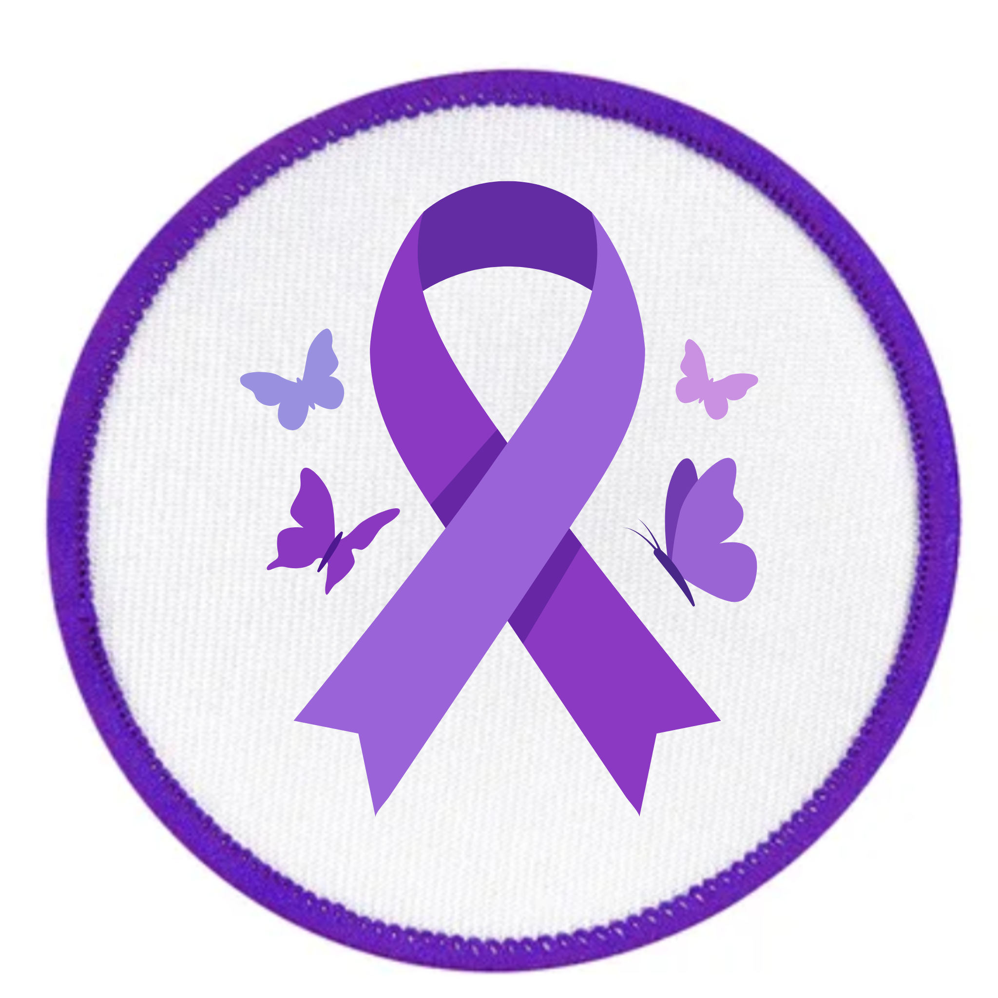 A circular embroidered patch featuring a purple awareness ribbon in the center, surrounded by four small butterflies in shades of purple and lavender, on a white background with a purple stitched border.