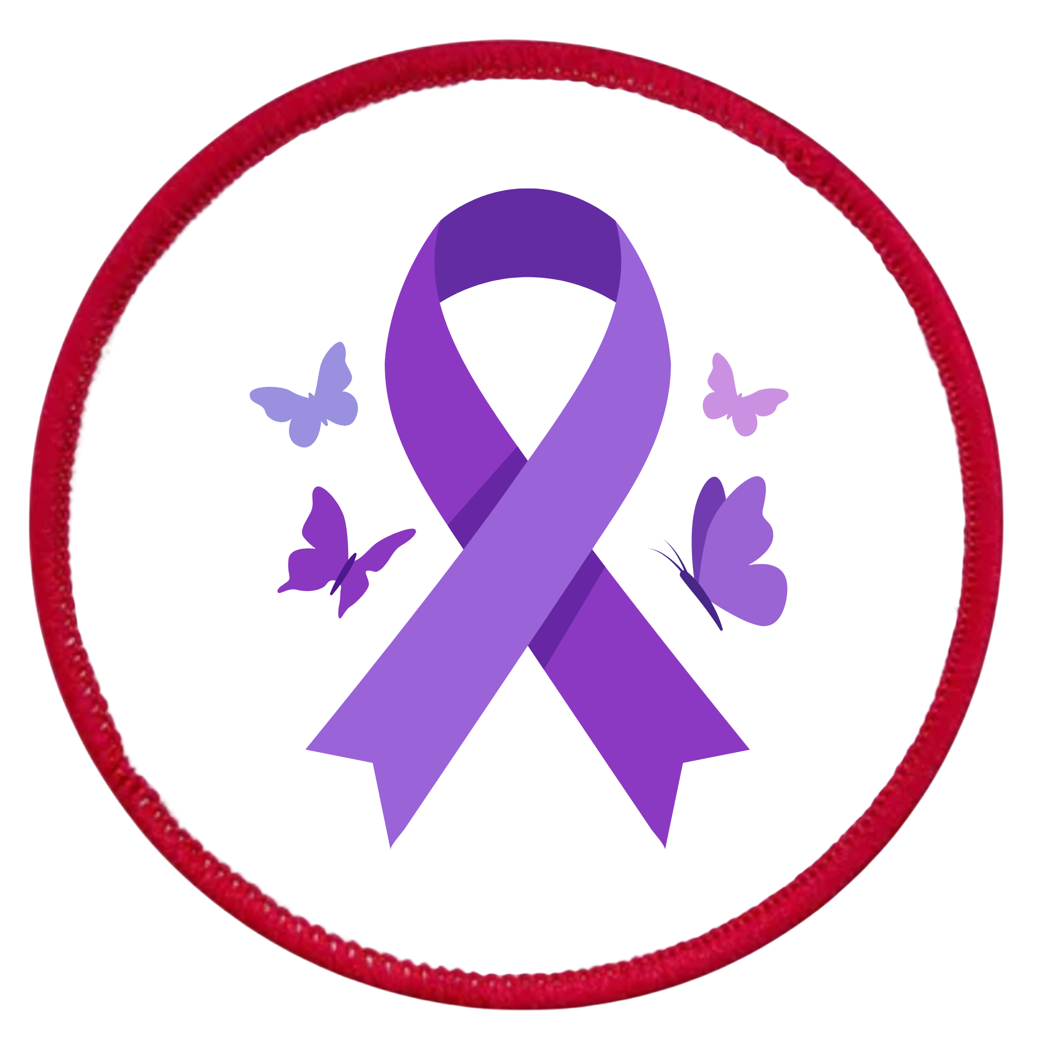 A circular embroidered patch featuring a purple awareness ribbon in the center, surrounded by four small purple butterflies, all enclosed in a red stitched border on a white background.