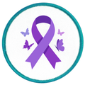 A circular embroidered patch featuring a purple awareness ribbon in the center, surrounded by four purple and lavender butterflies on a white background, with a teal stitched border.