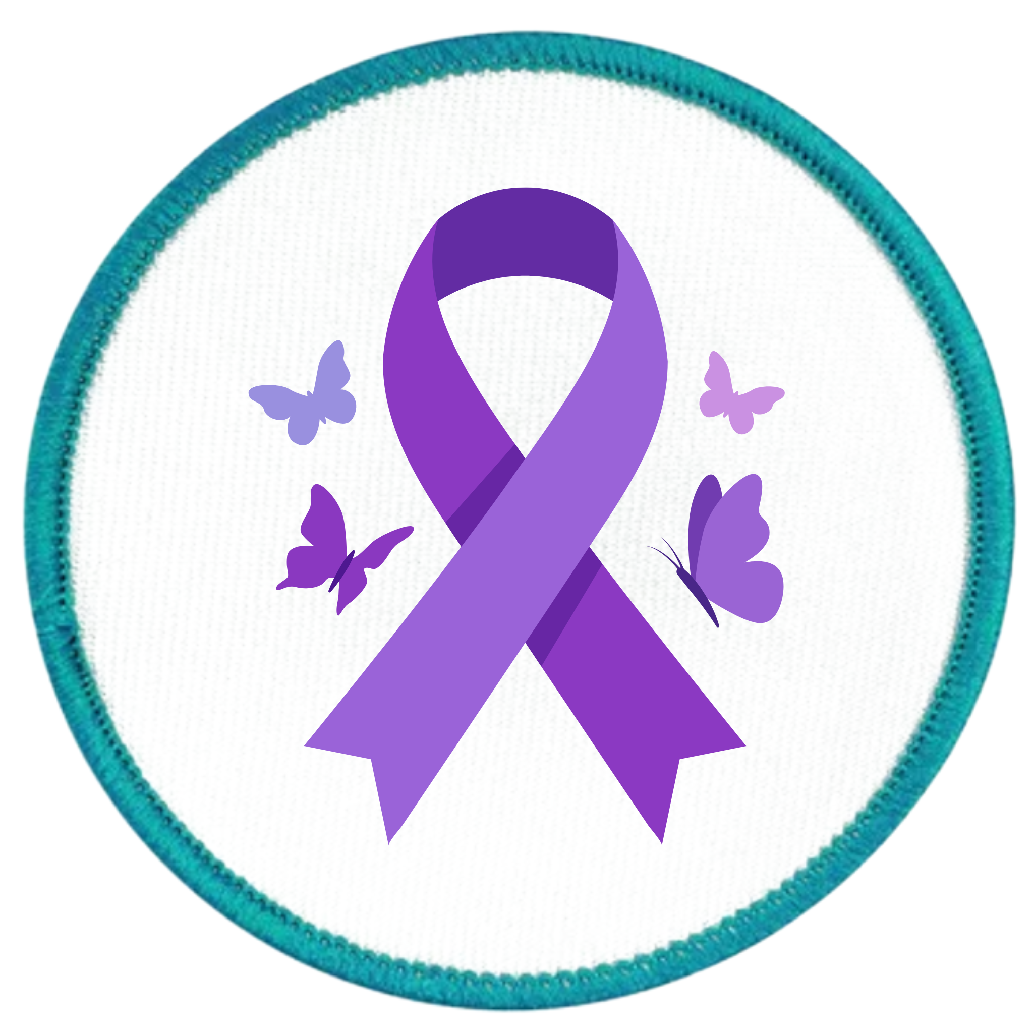 A circular embroidered patch featuring a purple awareness ribbon in the center, surrounded by four purple and lavender butterflies on a white background, with a teal stitched border.