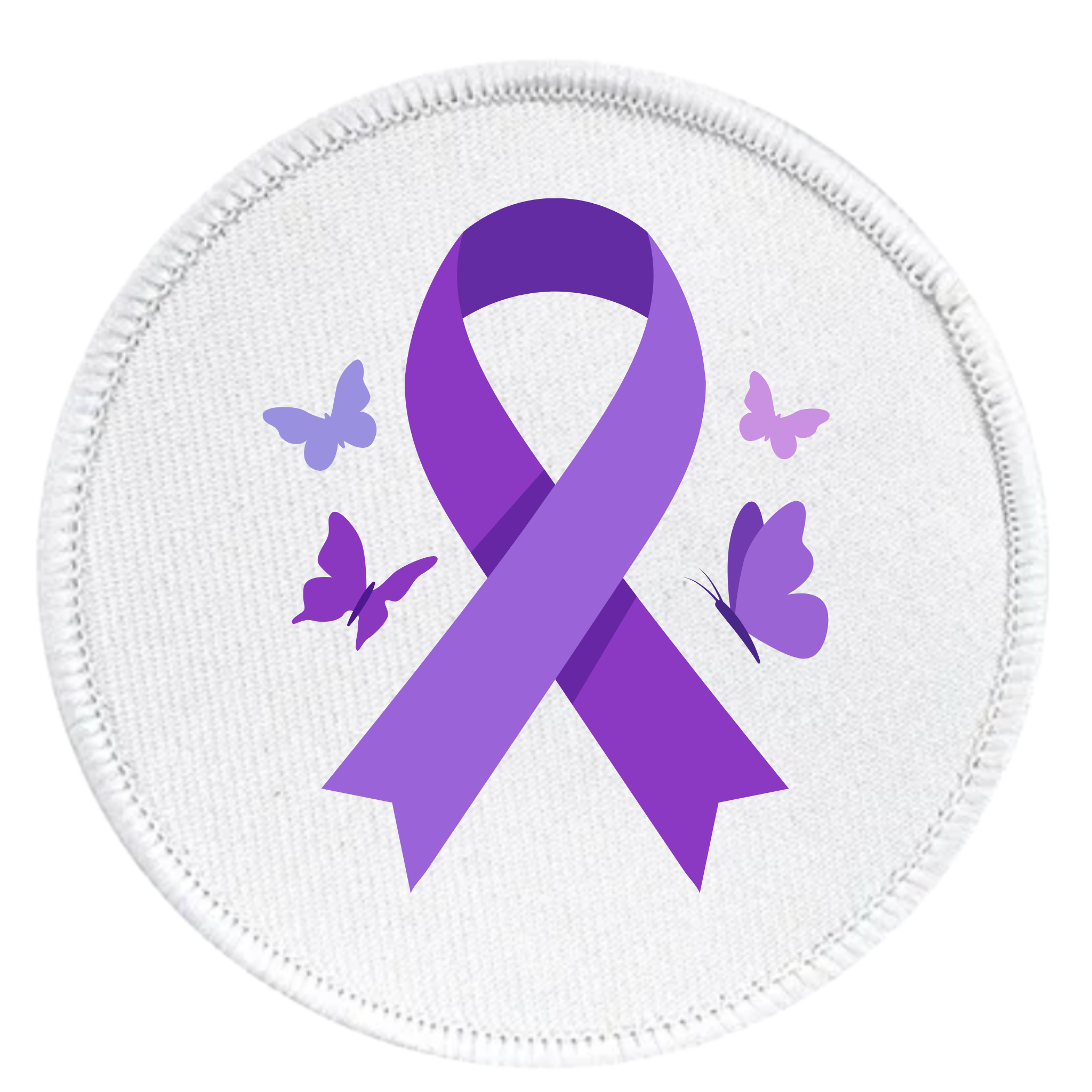 A circular white embroidered patch featuring a purple awareness ribbon in the center with four small butterflies in shades of purple and lavender around it.