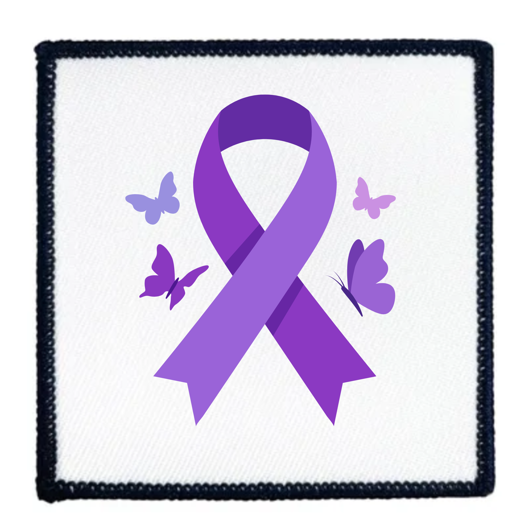 A square embroidered patch featuring a purple awareness ribbon and three purple butterflies on a white background, finished with a black stitched border.
