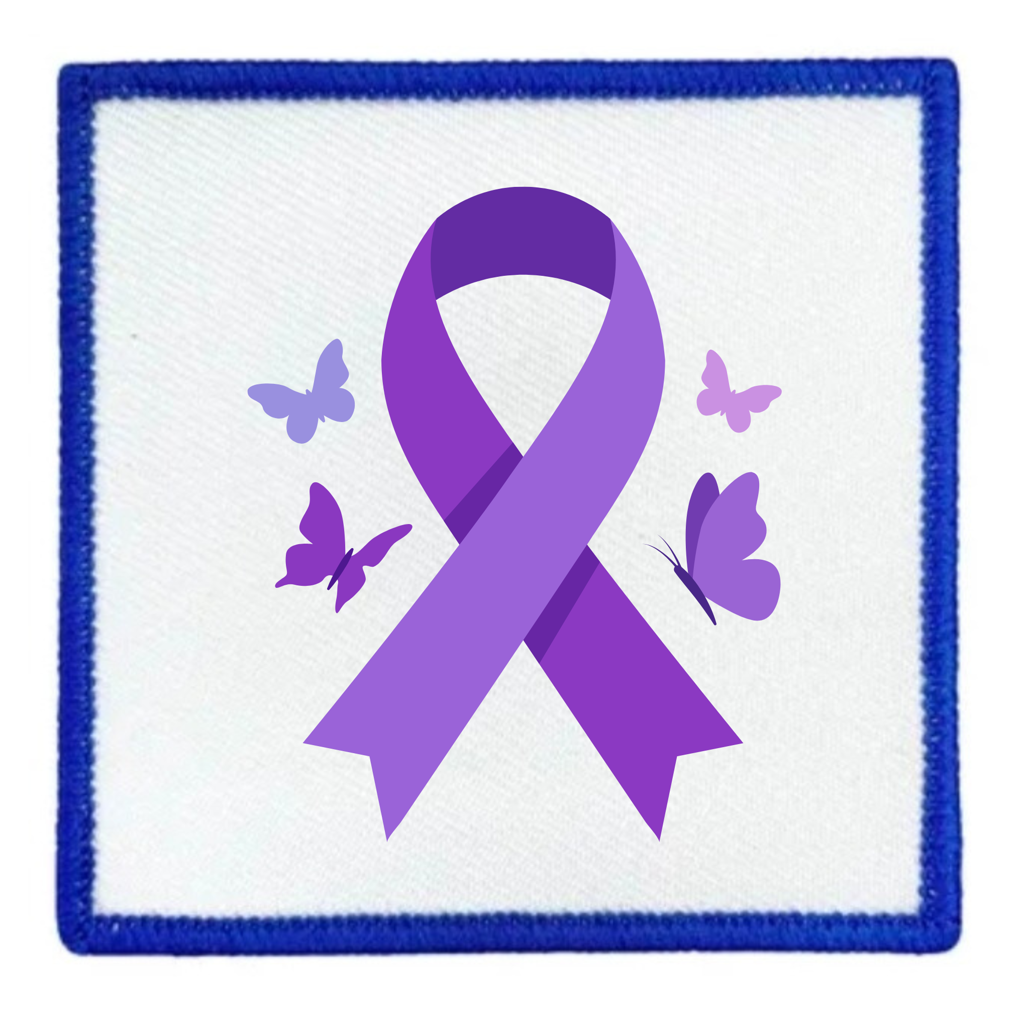 A square embroidered patch featuring a purple awareness ribbon in the center, surrounded by three small purple butterflies on a white background with a blue stitched border.