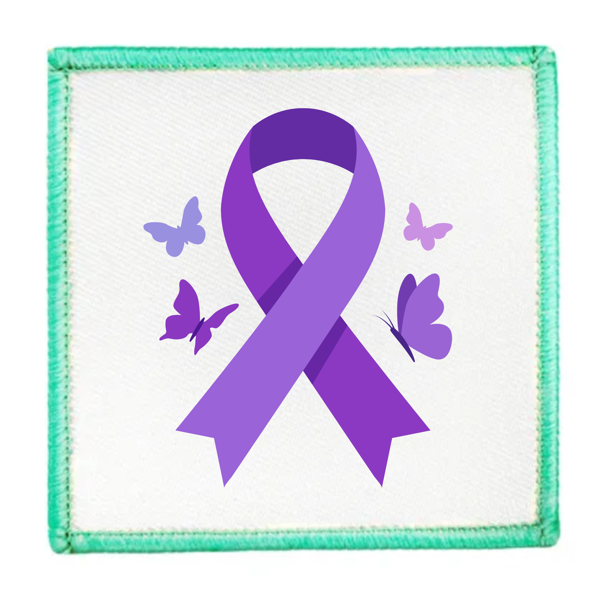 A square patch featuring a purple awareness ribbon with three purple butterflies on a white background, finished with a mint green stitched border.