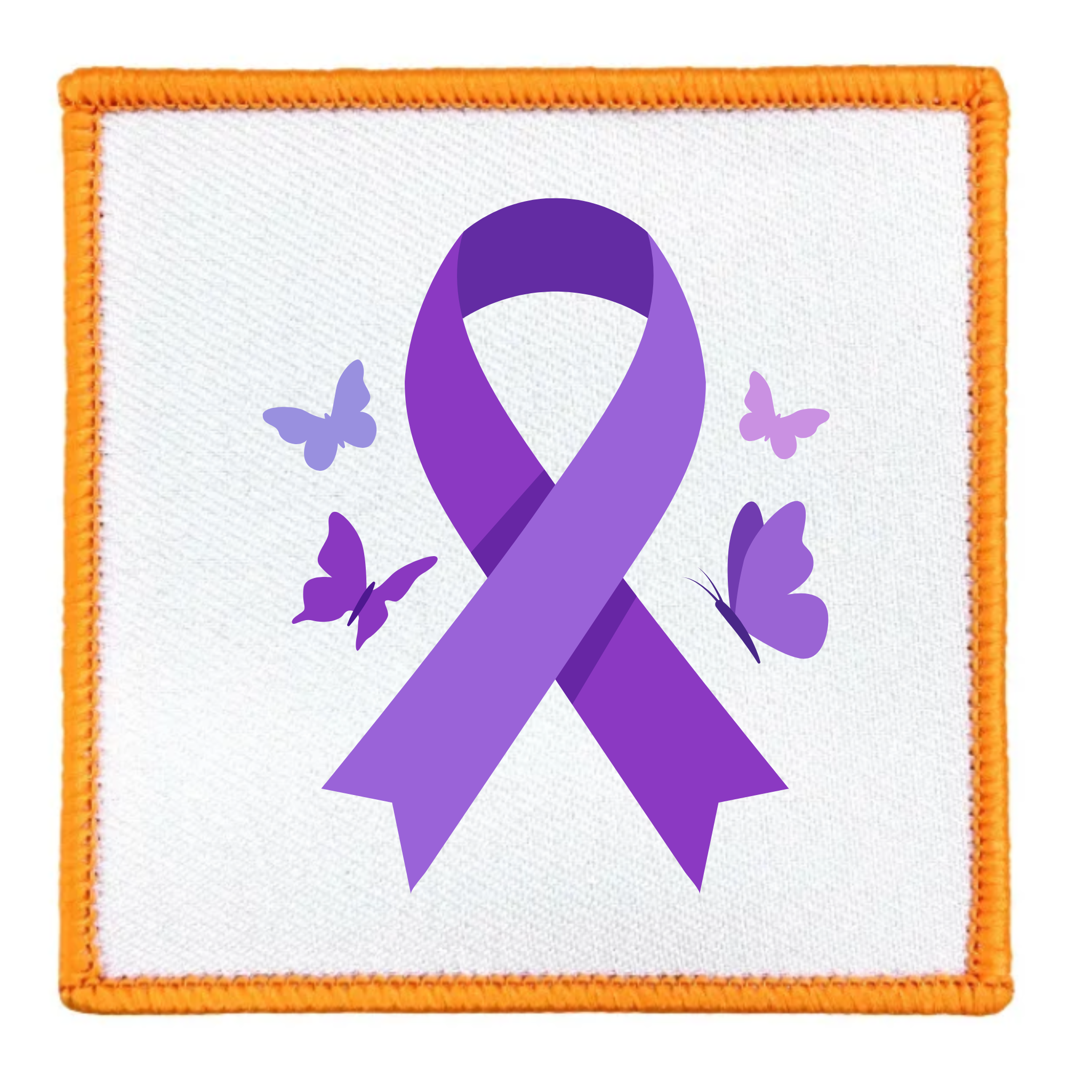 An embroidered square patch featuring a purple awareness ribbon in the center, surrounded by purple and lavender butterflies, all on a white fabric background with a stitched orange border.