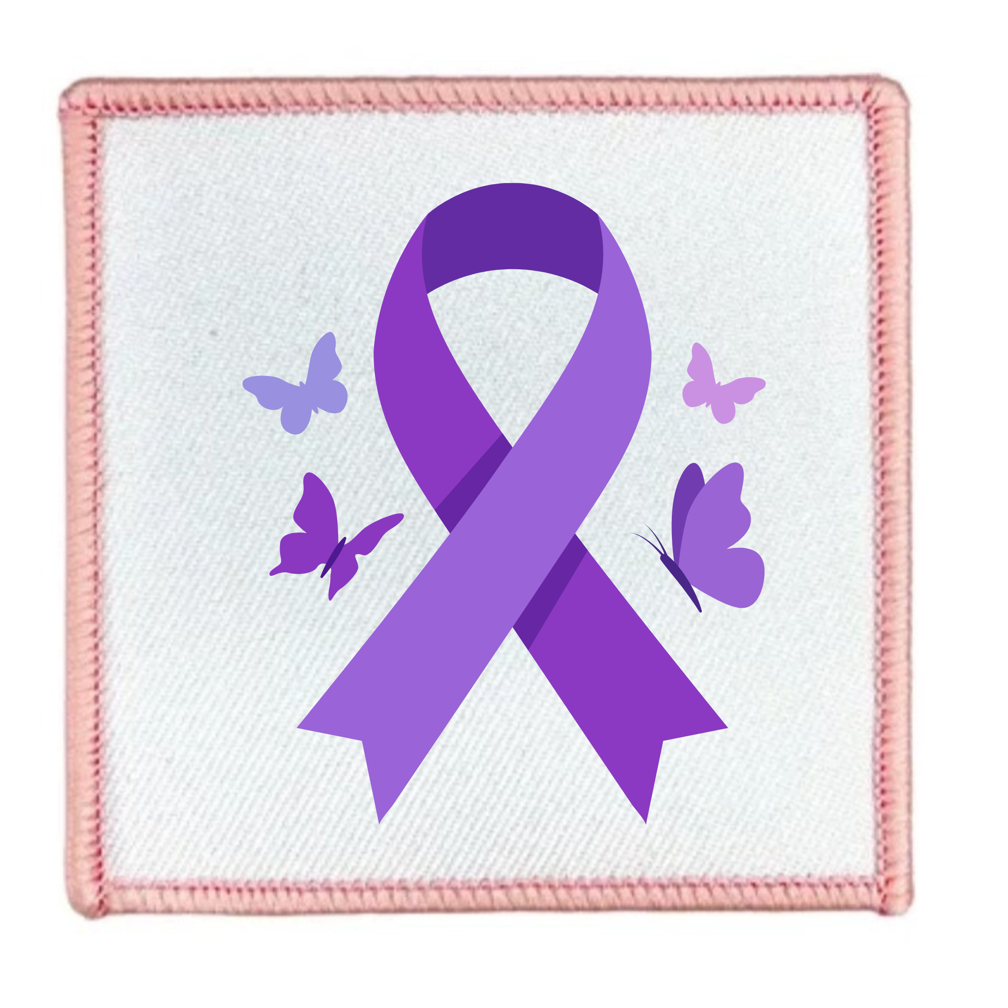 A square embroidered patch featuring a purple awareness ribbon in the center, surrounded by three small butterflies in shades of purple and lavender, all on a white fabric background with a pink stitched border.