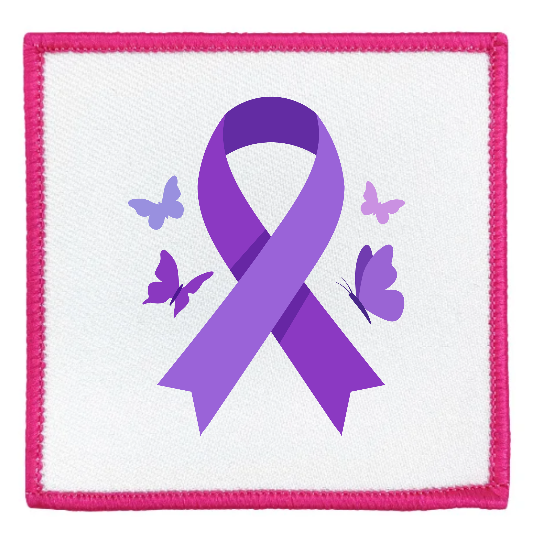 A square embroidered patch with a bright pink border, featuring a purple awareness ribbon in the center surrounded by small purple and lavender butterflies on a white background.