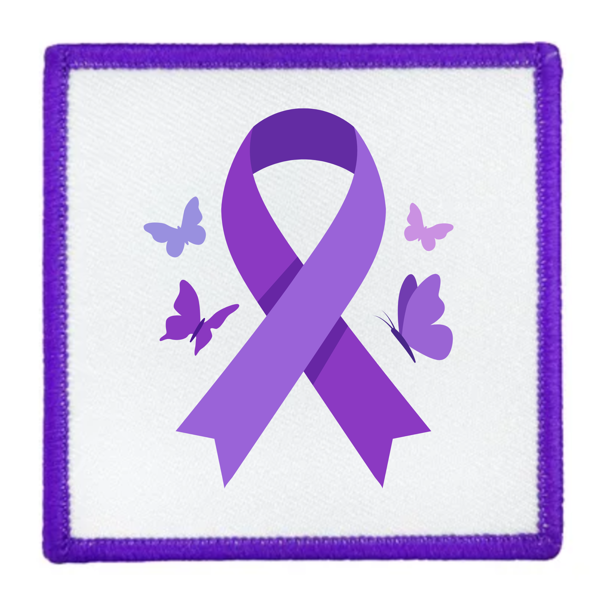 A square embroidered patch with a purple border and a central purple awareness ribbon surrounded by small butterflies in shades of purple and lavender, on a white background.