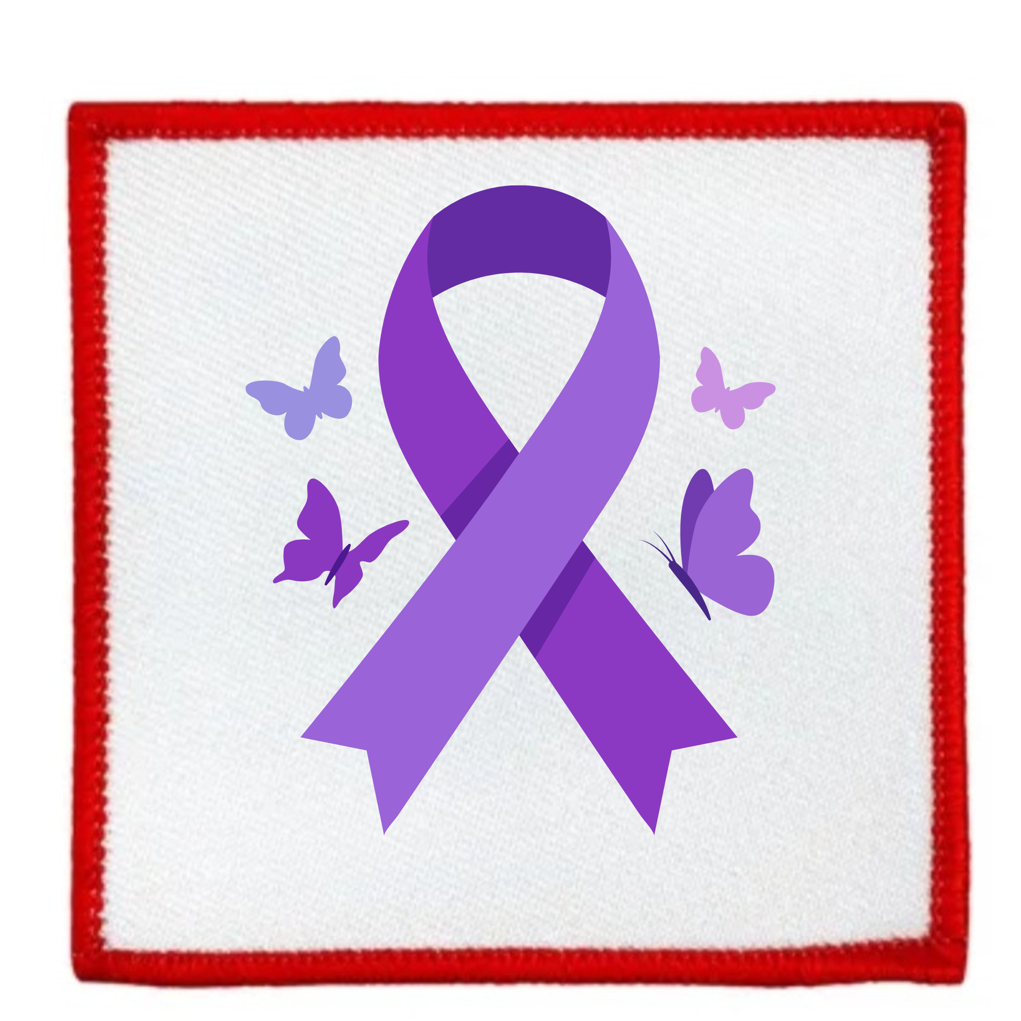 A square embroidered patch featuring a purple awareness ribbon in the center, surrounded by four purple and lavender butterflies on a white background with a red stitched border.