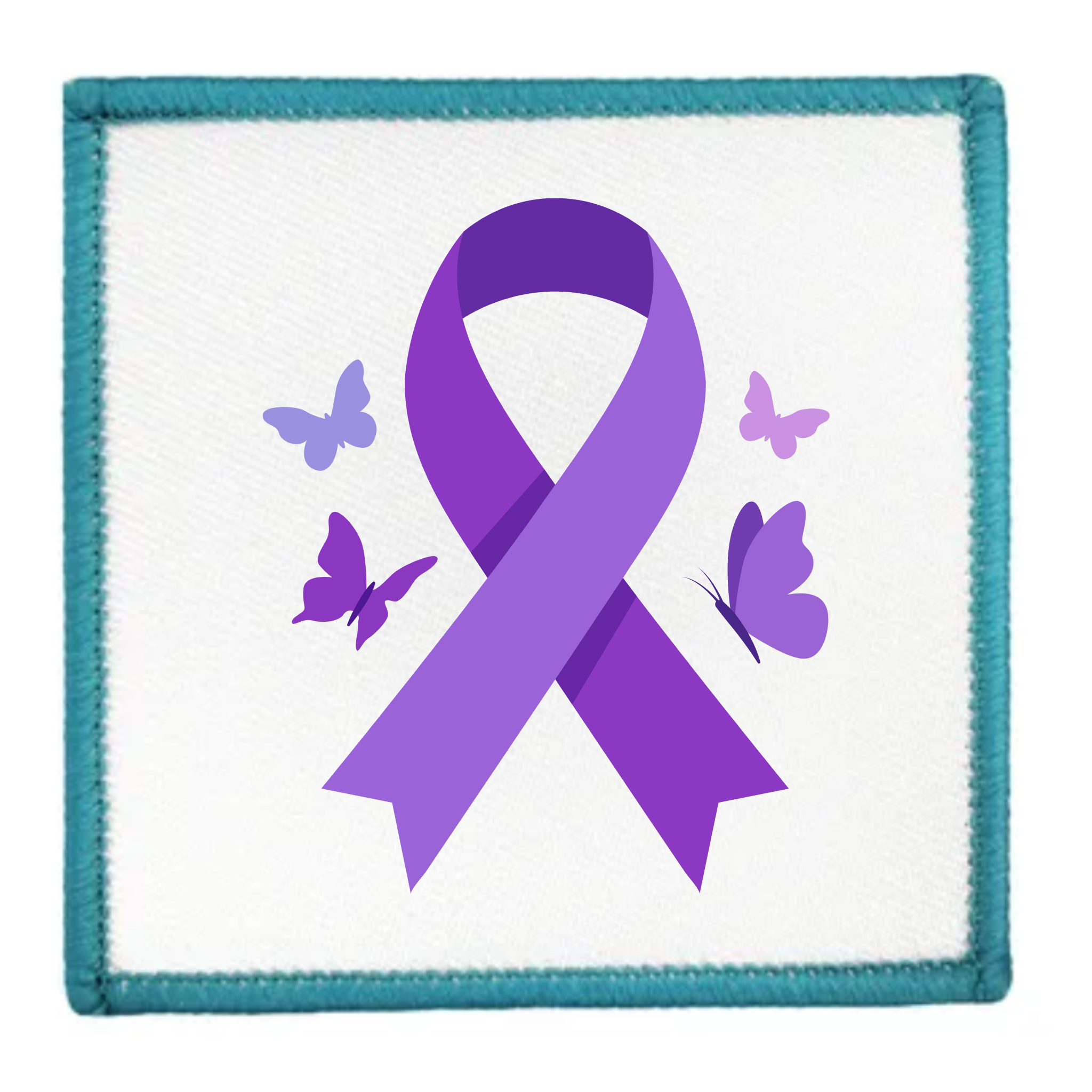 A square embroidered patch featuring a purple awareness ribbon in the center, surrounded by four small butterflies in shades of purple and lavender, all on a white background with a teal stitched border.