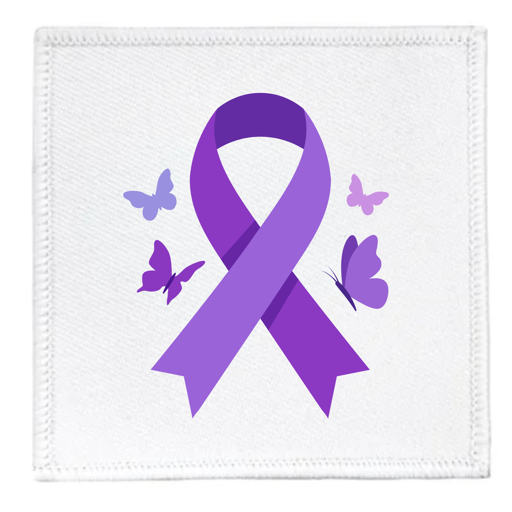 A square white embroidered patch featuring a purple awareness ribbon in the center with three purple butterflies on a white background.