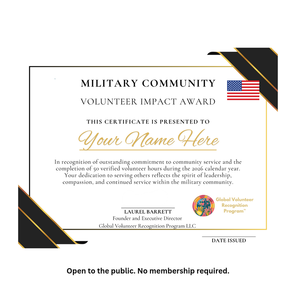 A military community volunteer impact award certificate template with black and gold decorative corner accents, a small American flag, and placeholder text for the recipient's name and signature.