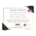A military community volunteer impact award certificate template with black and gold decorative corner accents, a small American flag, and placeholder text for the recipient's name and signature.