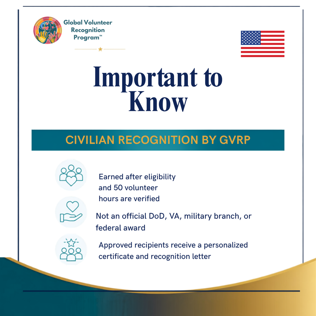An informational graphic titled 'Important to Know' about GVRP Civilian Recognition by Global Volunteer Recognition Program, with an American flag icon and bullet points on a white background with blue and gold accents.