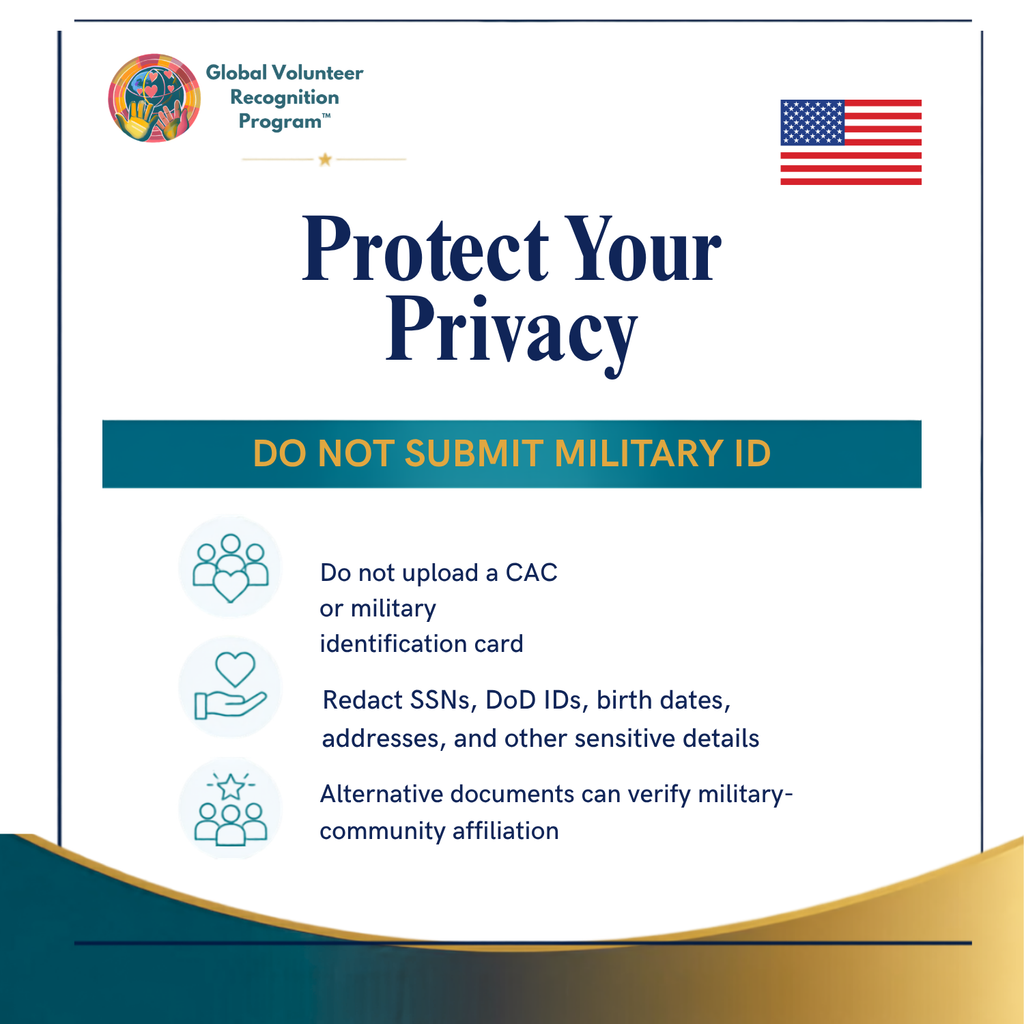 A digital privacy poster titled 'Protect Your Privacy' with the Global Volunteer Recognition Program logo and an American flag icon. It includes a teal banner reading 'DO NOT SUBMIT MILITARY ID' and lists four privacy protection tips with icons.
