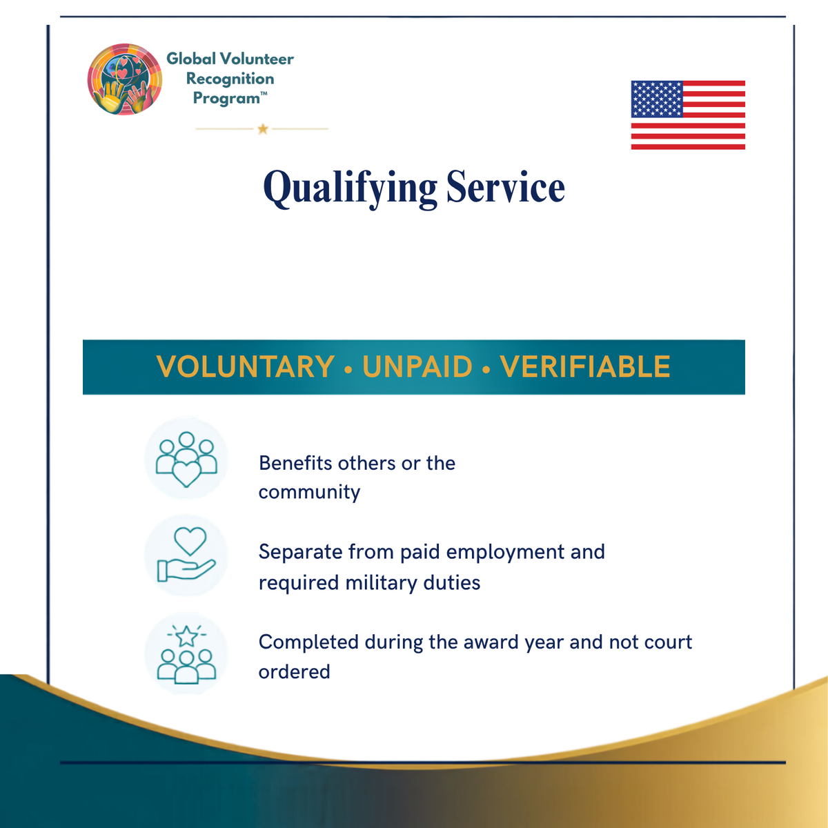 A digital graphic outlining the Global Volunteer Recognition Program's 'Qualifying Service' definition. The graphic features a white background with a dark teal header and footer, gold accents, and an American flag icon.