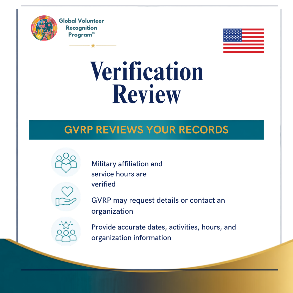 A digital graphic titled 'Verification Review' for the Global Volunteer Recognition Program (GVRP). It features a white background with navy blue text, a teal banner, and a gold wave at the bottom.