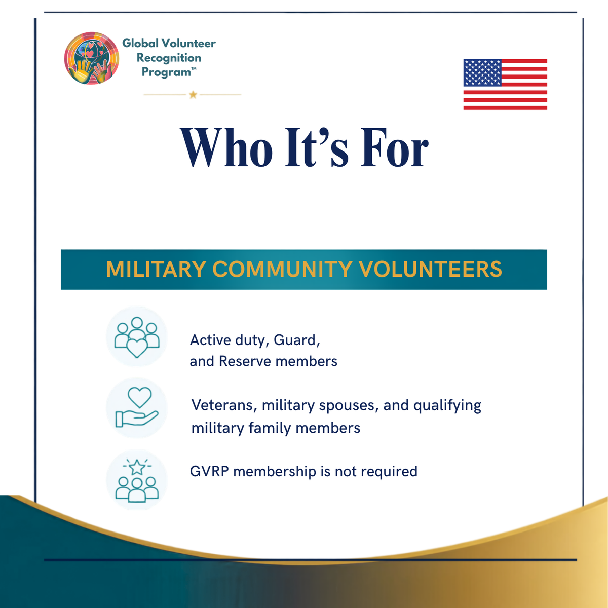 A digital flyer or informational graphic for the Global Volunteer Recognition Program, titled 'Who It's For' with a subtitle 'MILITARY COMMUNITY VOLUNTEERS'. It features an American flag icon, a Global Volunteer Recognition Program logo, and three bullet points with icons detailing who it is for: active duty, guard, and reserve members; veterans, military spouses, and qualifying military family members; and GVRP membership not required.