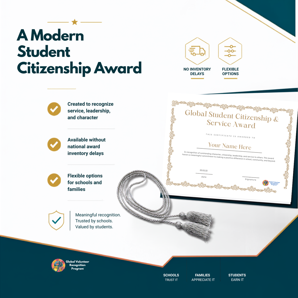 A spiral-bound notebook or award certificate cover shown on a white background. The cover is off-white with black text reading 'A Modern Student Citizenship Award' and bullet points about recognizing service, leadership, and character, plus flexibility for schools and families.