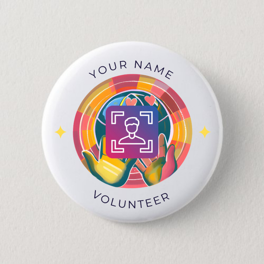 Button badge with colorful design and text 'Your Name Volunteer' on a white background