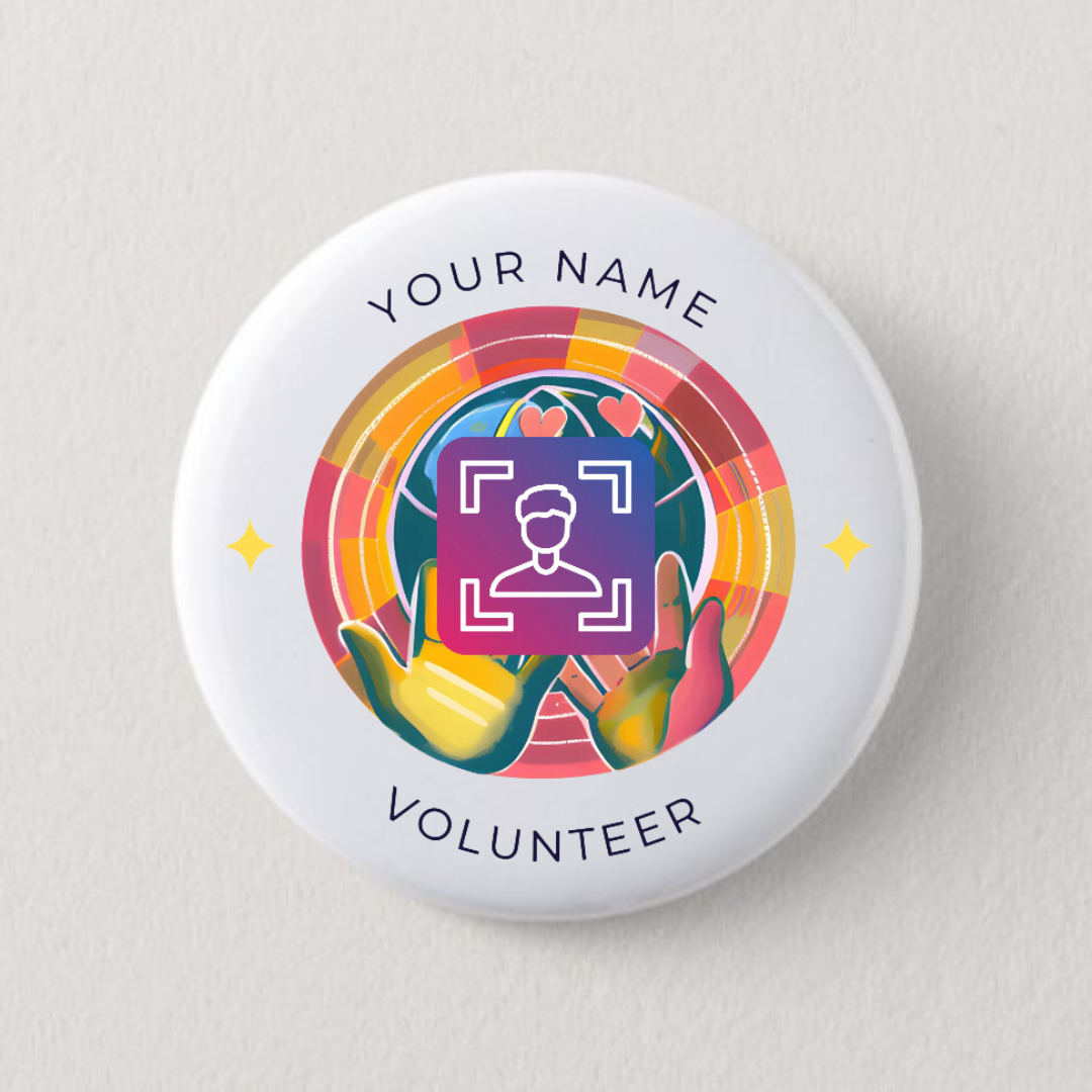 Button badge with colorful design and text 'Your Name Volunteer' on a white background