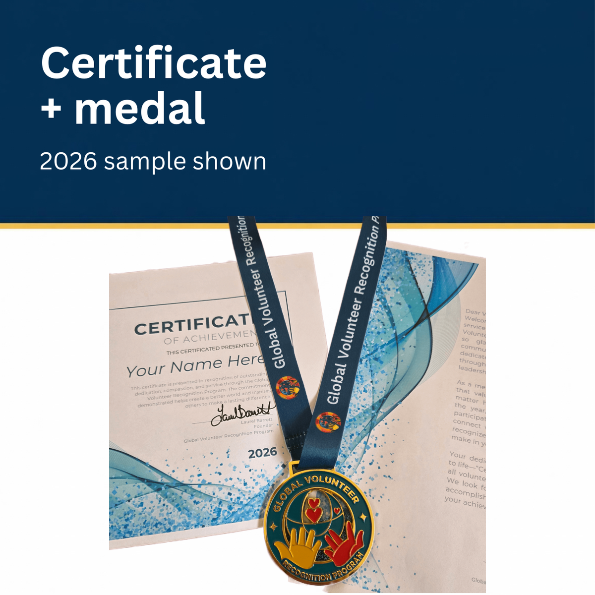 Certificate and medal set shown on a white background with a dark blue header reading 'Certificate + medal' and '2026 sample shown.' The product includes a printed achievement certificate with blue abstract graphics and a round medal with a dark blue ribbon.