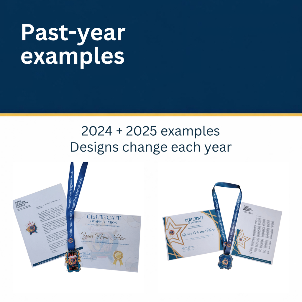 Promotional graphic with the heading 'Past-year examples' and text stating '2024 + 2025 examples' and 'Designs change each year.' Below on a white background are two sample certificate-and-medallion designs shown at an angle, with blue lanyards and gold-toned medallions.