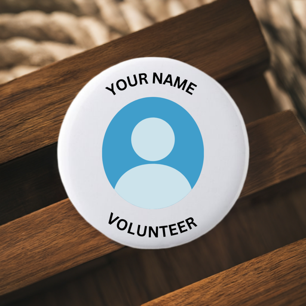 Circular badge with a photo of a woman and text 'YOUR NAME' and 'VOLUNTEER' on a white background
