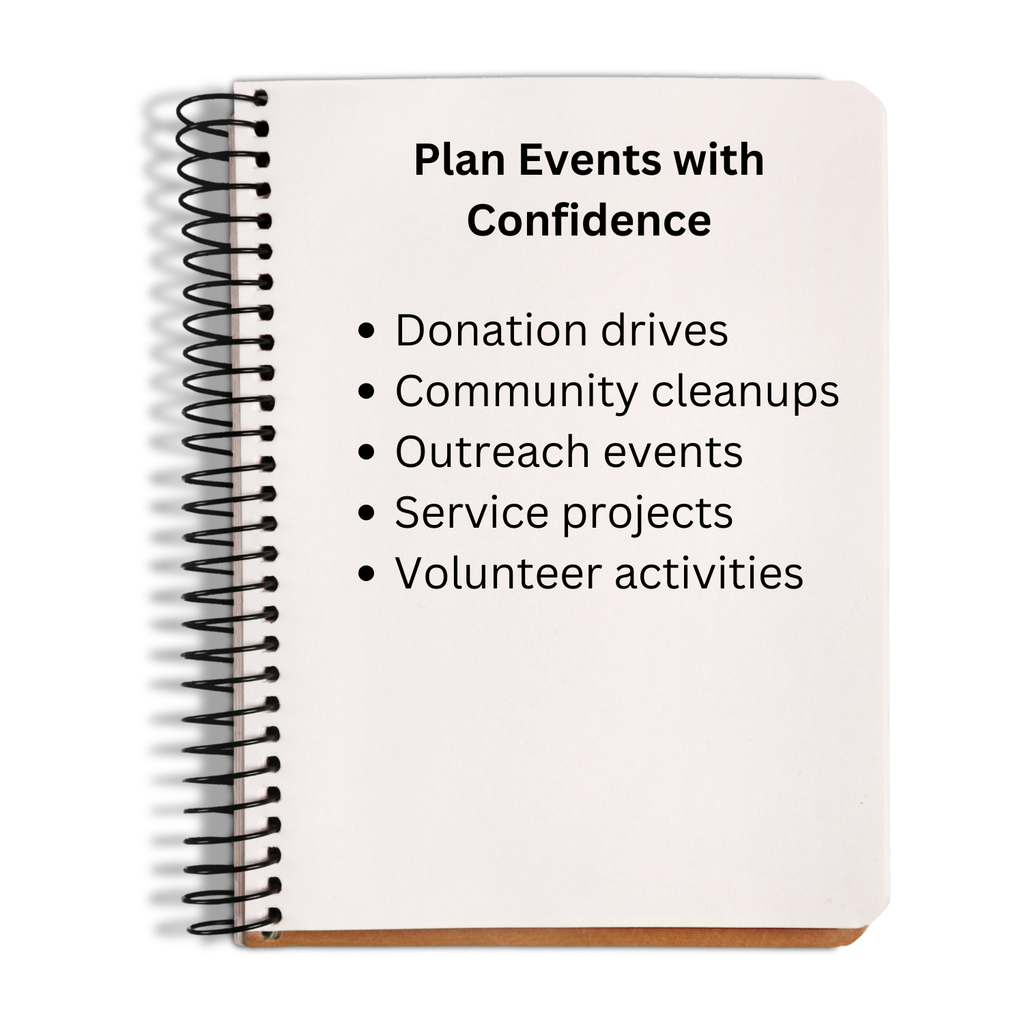 Notebook with text 'Plan Events with Confidence' and a list of event types on a white background.