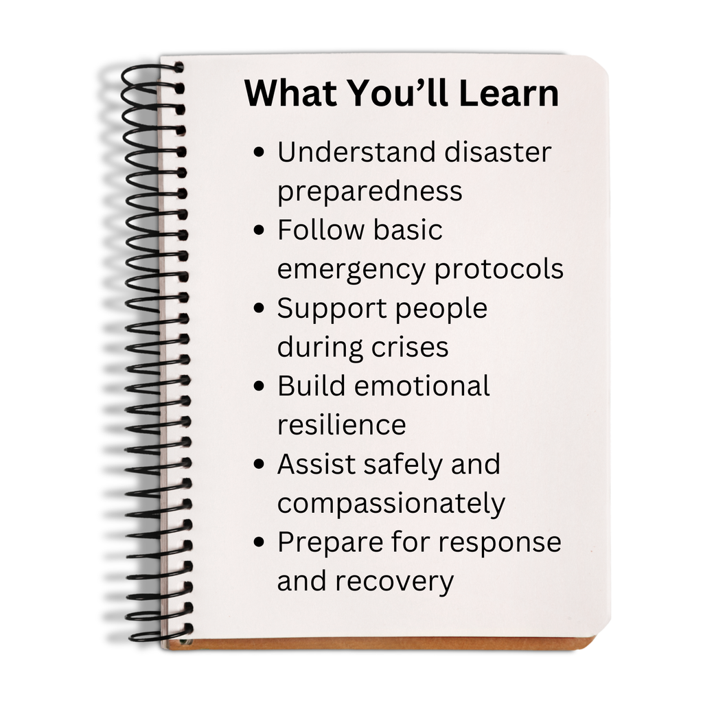 Notebook with text on disaster preparedness and emergency protocols on a white background