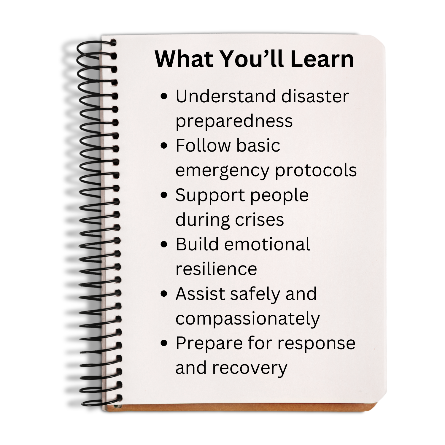 Notebook with text on disaster preparedness and emergency protocols on a white background
