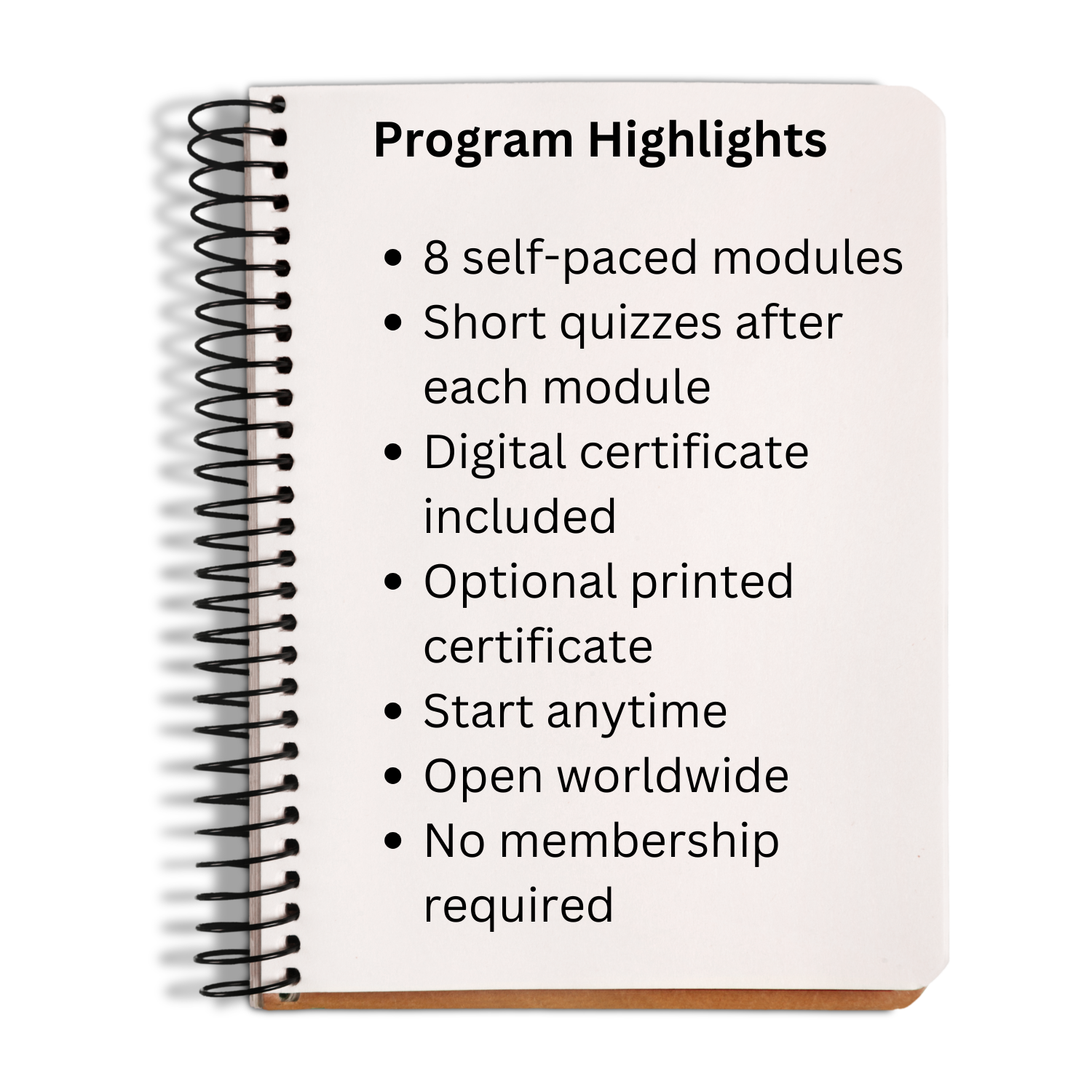 Notebook with program highlights on a white background