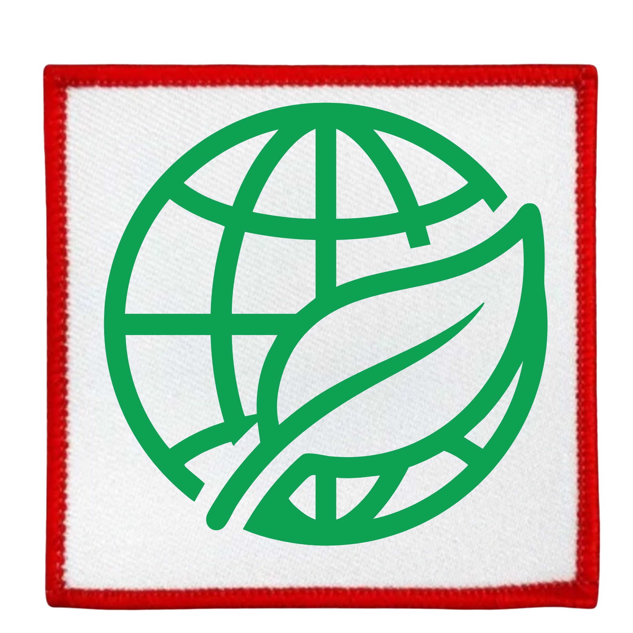 Environmental Steward Badge Green globe and leaf symbol on a white background with teal border