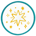 Holiday Helper Badge Round patch with yellow star design and teal border on white background