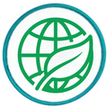 Environmental Steward Badge Green globe and leaf symbol on a white background with teal border